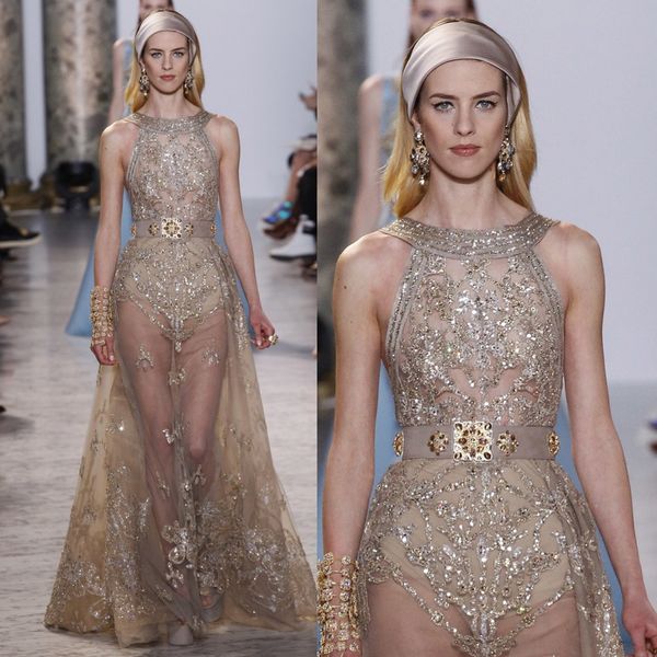 

2017 elie saab пром платья из бисера холтер шеи блестками вечерние платья тюль стразы видеть сквозь вечернее платье, Black