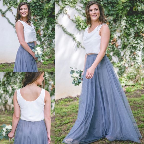 

stunning two pieces bridesmaids dresses long tulle beach wedding guest dress pleated a-line country maid of honor gowns, White;pink