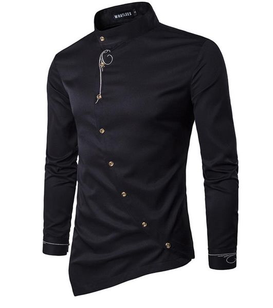 

ms embroidery asymmetrical shirt men 2018 floral pattern incline single breasted long sleeve stand collar mens party club shirts, White;black