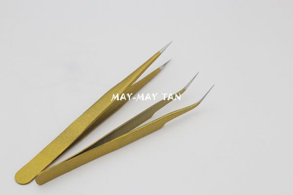 

wholesale-2pcs/lot professional quality curved+ straight tweezers stainless steel false eyelashes extension makeup tools gold tweezer