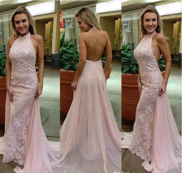 

pink halter lace mermaid prom dresses 2017 sleeveless backless evening dresses with chiffon cape long sweep train vintage party wear, Black;red
