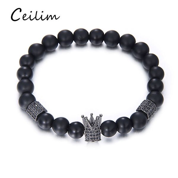 

luxury micro pave black cz zirconia gold king crown charm bracelet men dull polish matte stone bead bracelet handmade jewelry