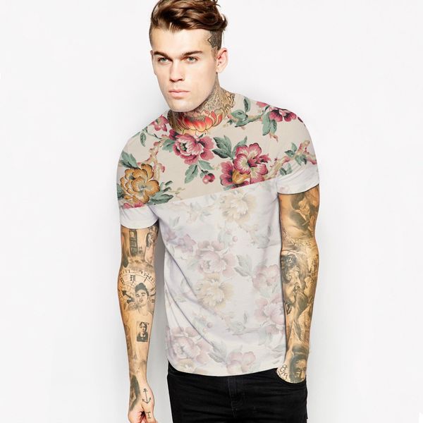 

men's t-shirts summer europe fashion men's flowers digital printing t-shirt sports pullovers round neck shirt wholesale, White;black