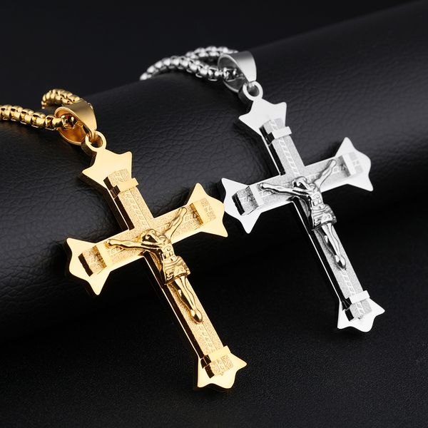 

jesus cross stainless steel pendant necklace cool men vintage retro pendants necklaces gothic masquerade party costume jewelry, Silver