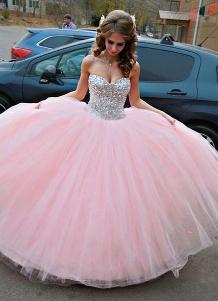 Nova rosa vestido de baile vestido de baile Vintage querida tulle strass Frisada Formal Evening vestidos de festa linda Quinceanera vestidos Prom vestido