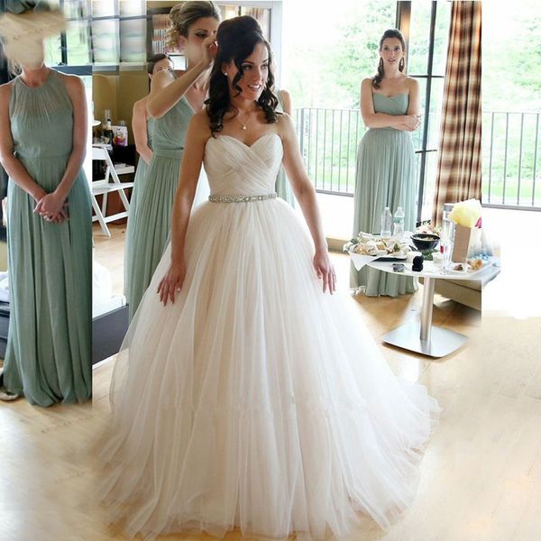 

simple tulle wedding dresses ivoey ruched bodice floor length design sweetheart beading sash bridal gowns plus size, White