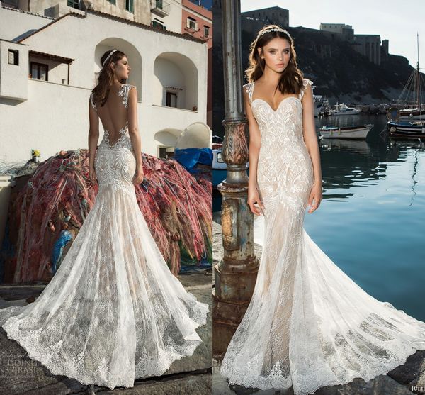 

2017 backless lace mermaid wedding dresses sweetheart double strap vestidos de novia champagne underlayer sweep train beach bridal gown, White