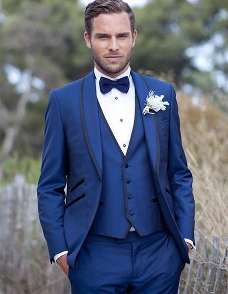 Mais recente 2017 Mens Ternos de Casamento de Alta Qualidade Azul Royal De Lã Xale Lapela Um Botão Três Peças Groomsmen Ternos Custom Made