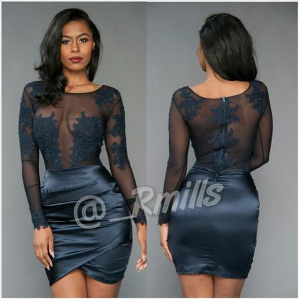 

navy blue short cocktail party dresses 2017 sheer long sleeves illusion bodices lace appliques celebrity evening party gowns, Black