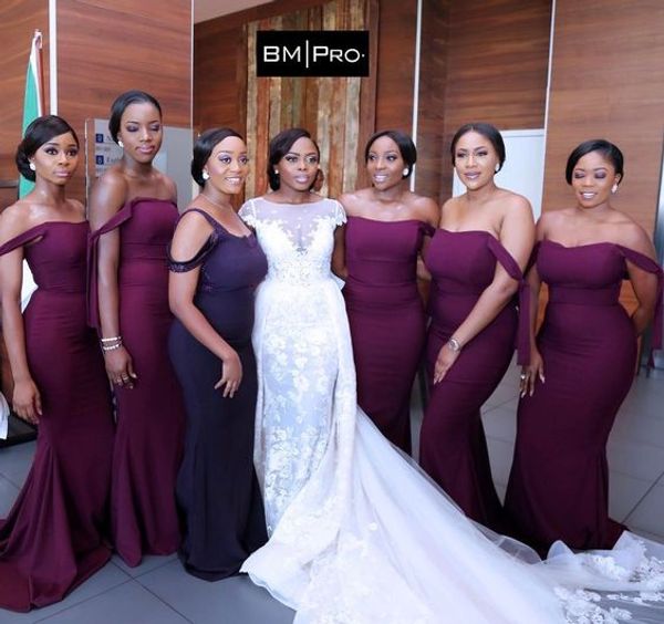 

african grape mermaid bridesmaid dresses off the shoulder formal wedding guest gowns custom made country maid of honor gowns, White;pink