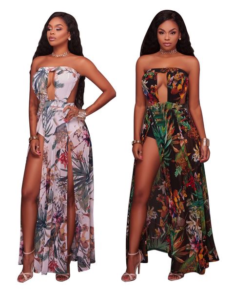 

new special design fashion maxi long dresses printed high slit strapless casual plus size women clothing s-3xl, Black;gray