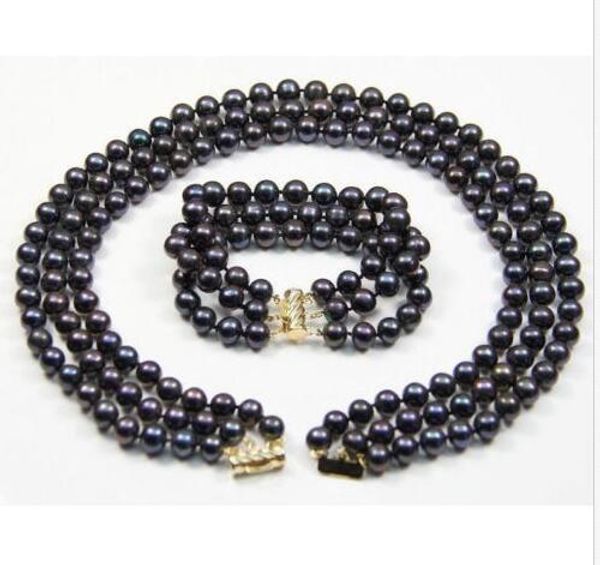 3 Row Natural 7-8mm Tahaitian Black Pearl Necklace Bracelet Set
