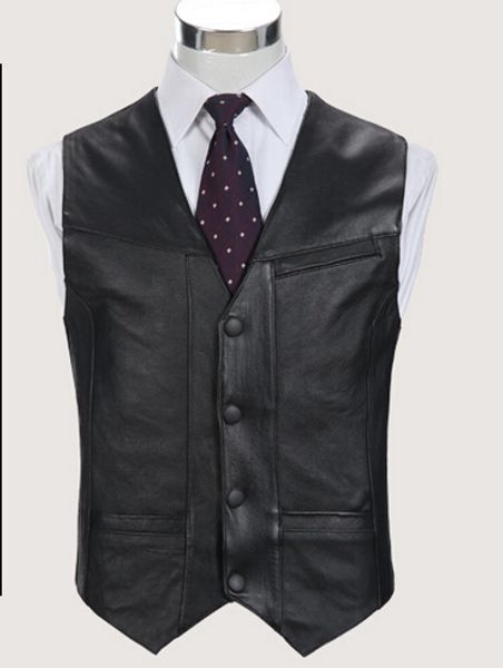 

wholesale- black genuine leather vest 2016 new middle-aged male sheepskin multi-pockets single breasted pgraphy vests biker jacket ma, Black;white