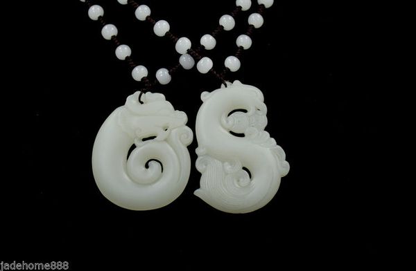 

china natural nephrite white jade dragon phoenix lovers a pair pendant necklace, Silver