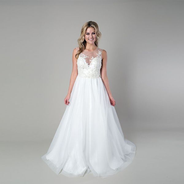 

a-line wedding gown features an illusion neckline and back with hand appliqued organza and beaded flowers full tulle skirt bridal dress, White