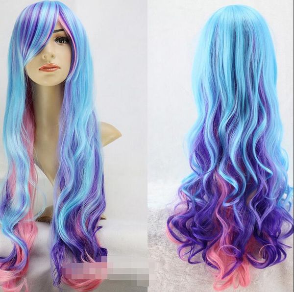 Parrucca anime capelli lunghi ondulati ricci blu/viola/rosa per feste cosplay Lolita Harajuku