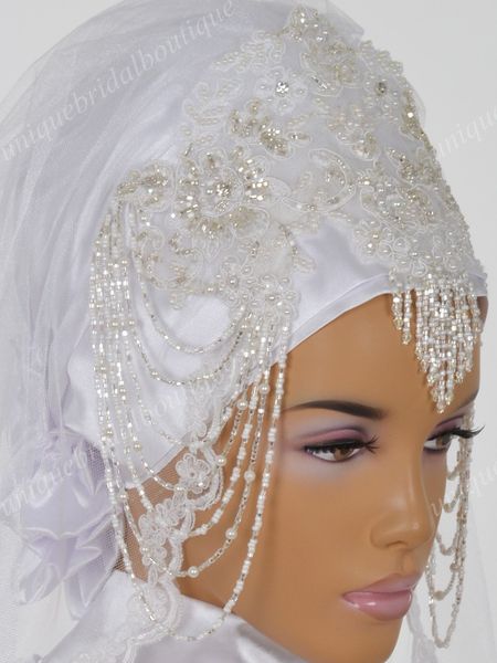 Véus de casamento muçulmanos com beading e laço apliques reais modelo fotos prontas para usar nupcial Hijab Cotovell Comprimento Hazir Gelin Turbanlari