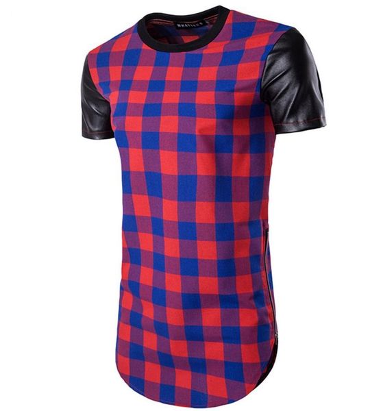 

slim tshirt men patchwork pu man short sleeve o arc neck tee zipper double hem plaid fit for leather sports side shirt ship ablsn, Black