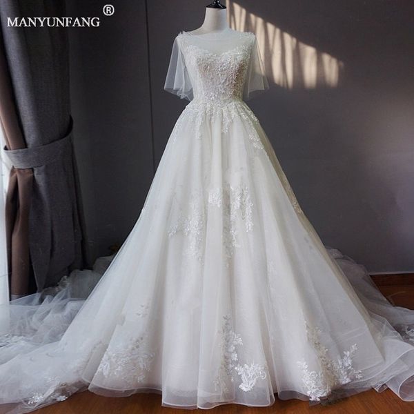 

2020 new design wedding dresses half sleeve beads vintage a line modern bohemian wedding bridal gowns cathedral train robe de mariage, White