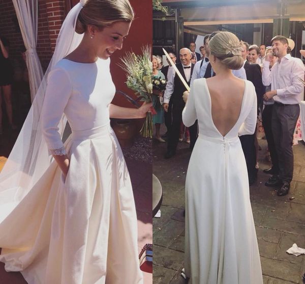 

2018 Open Back Country Wedding Dresses 3/4 Long Sleeves Bateau A Line Sweep Train Satin Bridal Gowns Vestidos De Noiva Cheap Custom