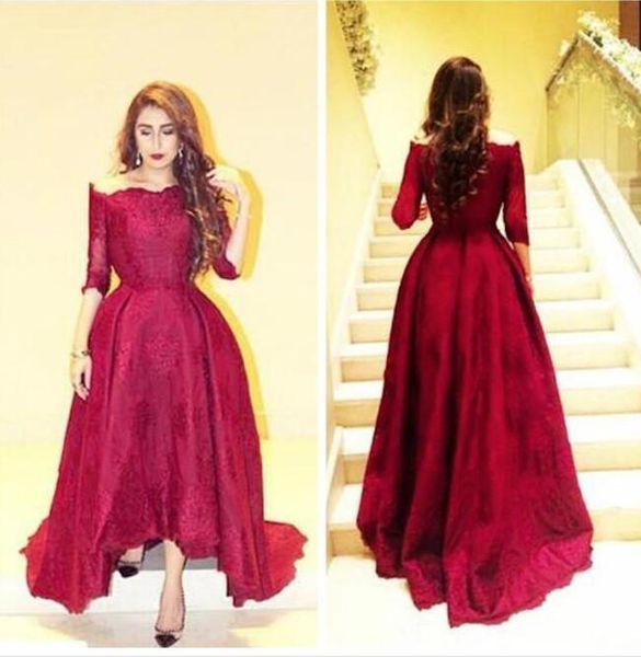 

мириам тарифы красный арабский платья 2016 новый современный кружева высокой низкой пром платья половина рукава бальные платья на заказ вече, Black