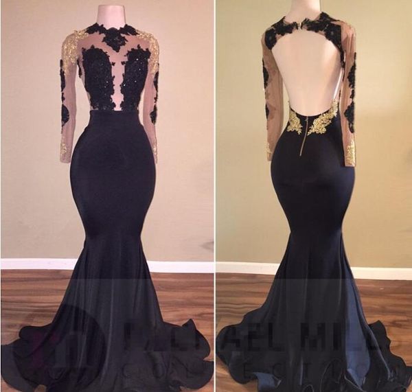 

новые африканские черно-золотые платья выпускного вечера русалки с длинными рукавами 2017 года атласная сексуальная прозрачная длинным рукав, Black