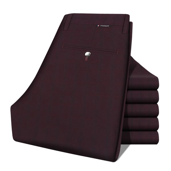 

wholesale- caiziyijia 2017 spring men's slim straight leg fit casual dress pants breathable stretch red wine flat front plaid trouser p, Black