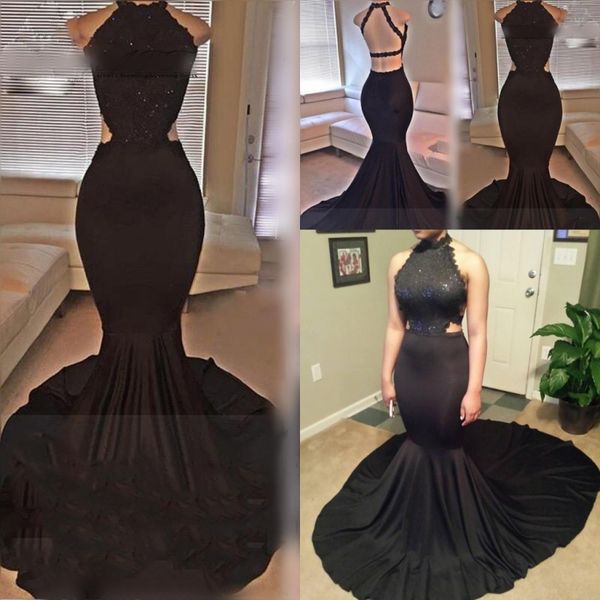 

black halter mermaid long prom dresses 2017 lace sequins beaded backless evening gowns satin sweep train formal party dresses