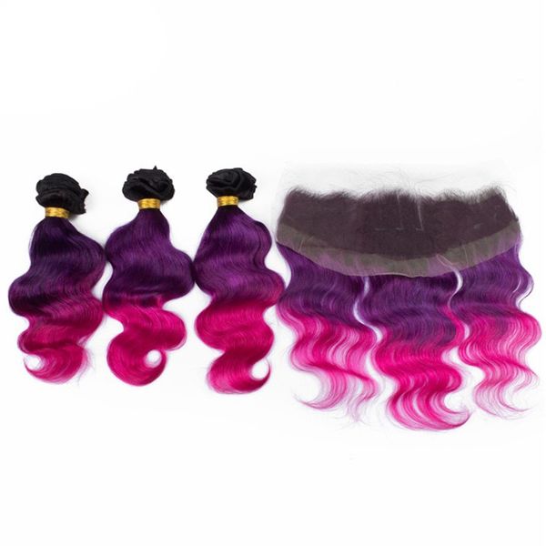 Barato ombre extensão do cabelo com rendas brasileiras ombre cabelo tecer frontal 1b roxo rosa três tom tramas do cabelo humano cor de frente com frontal