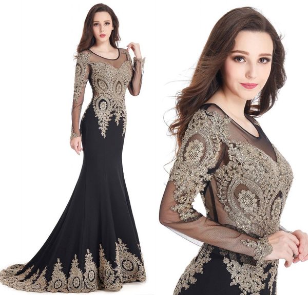 

2019 Gold Lace Appliqued Black Mermaid Evening Dresses Jewel Sheer Long Sleeves Sequined Sweep Train Formal Evening Party Gowns CPS404