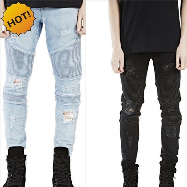 

wholesale- 2017 hip hop hole ripped jeans men fashion pleated runway distressed biker boy blue/black motorcycle trousers bottoms 28-40