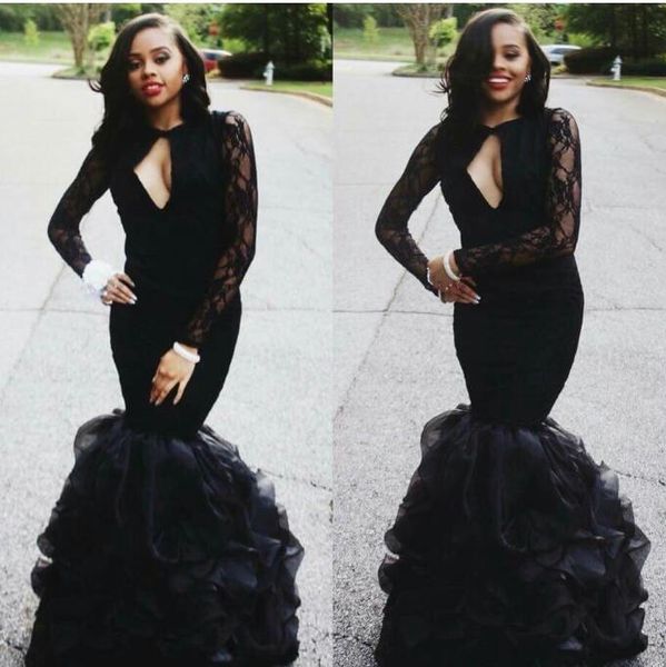 

gorgeous black mermaid prom dresses 2017 long sleeves full lace sweep train lace evening dress formal long party gowns vestido de festa mz