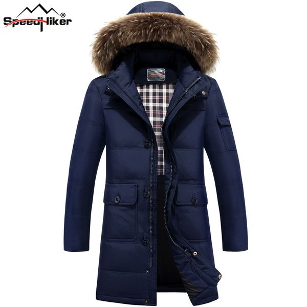 

wholesale- [speed hiker] mens down jacket 2016 winter waterproof thicken long section removable hooded natural reccoon fur 4xl, Black