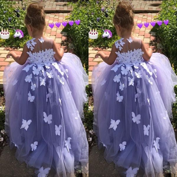 Фиолетовое бальное платье для 7 лет, платья для девочек-цветочниц, тюль, 3D цветочные аппликации, пышные платья, нарядное платье для причастия с бабочкой, костюмы293t