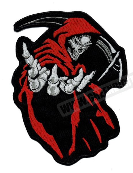 Moda 5 Grim Reaper Red Death Rider Vest Ricamo Patch Rock Motorcycle MC Club Patch Ferro su pelle all'ingrosso Spedizione gratuita