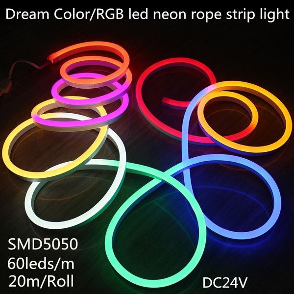 RGB Flat Led Rope Light DC24V Neon Strip Rope Light Led Rope Lights 60leds / m 20m / roll LED Neon Light con controller RGB 2 rotoli