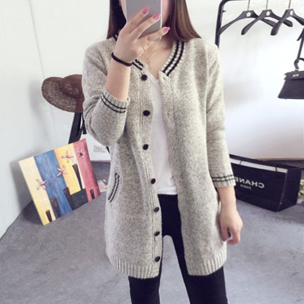 

wholesale-2016 new women sweater solid color o-neck open stitch button striped knitting cardigan long sleeve cardigans female sweaters, White;black