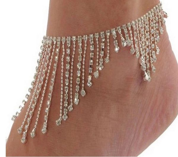 

lux rhinestone tassel beach wedding bridal anklets rhinestone silver tone barefoot sandals foot chains ankle bracelets yoga dance foot chain, Red;blue