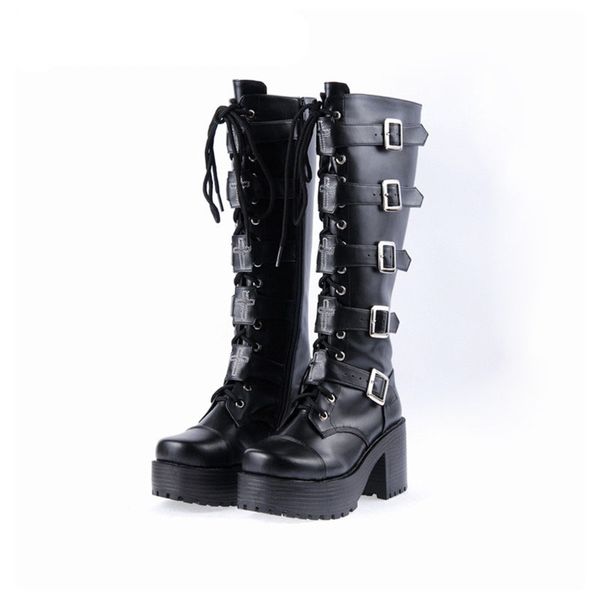

japanese harajuku platform chunky heel boots women black leather buckle straps lace up gothic punk high boots