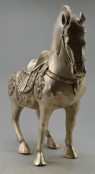 Da collezione decorato vecchio lavoro manuale Tibet argento scolpire grande statua del cavallo dello zodiaco MK