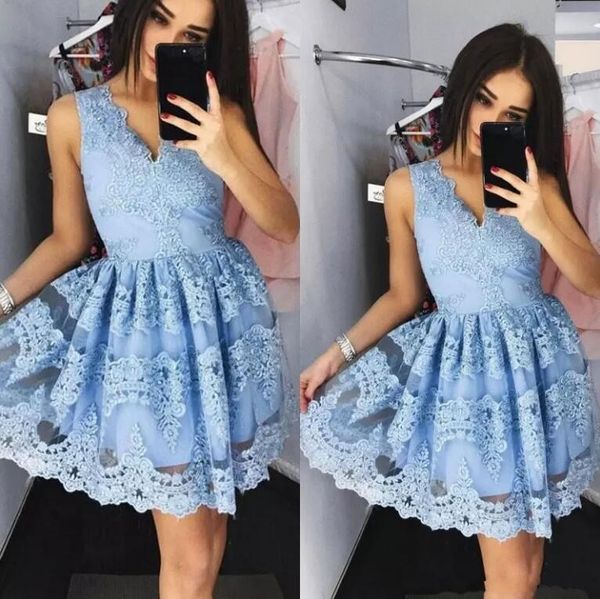 

2017 светло-синий короткие homecoming платья v шеи без рукавов кружева аппликации дешевые коктейль формальная одежда сладкий 16 выпускной пл, Blue;pink
