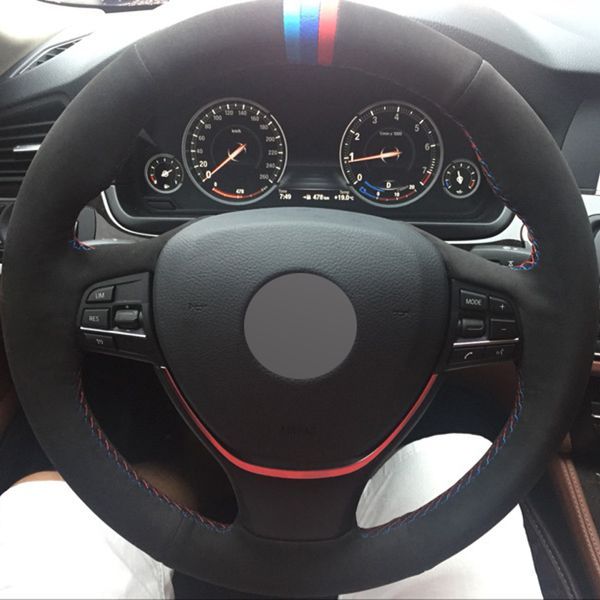 

black suede diy hand-stitched car steering wheel cover for bmw f10 2014