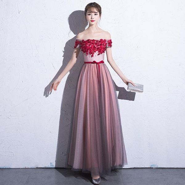 

2017 sweet beteau neck red flower beading tulle evening dress with thin sash lace up floor length prom party gown formal wear, Black;red