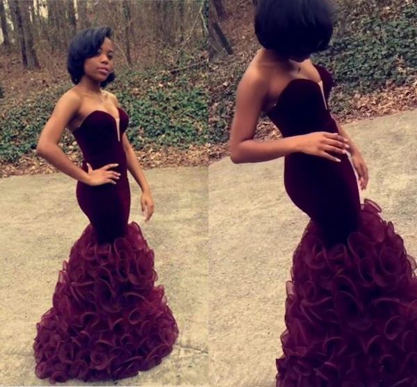 

2017 new backless burgundy mermaid prom dresses sweetheart african aso ebi ruffles tiered long evening celebrity gowns custom made, Black