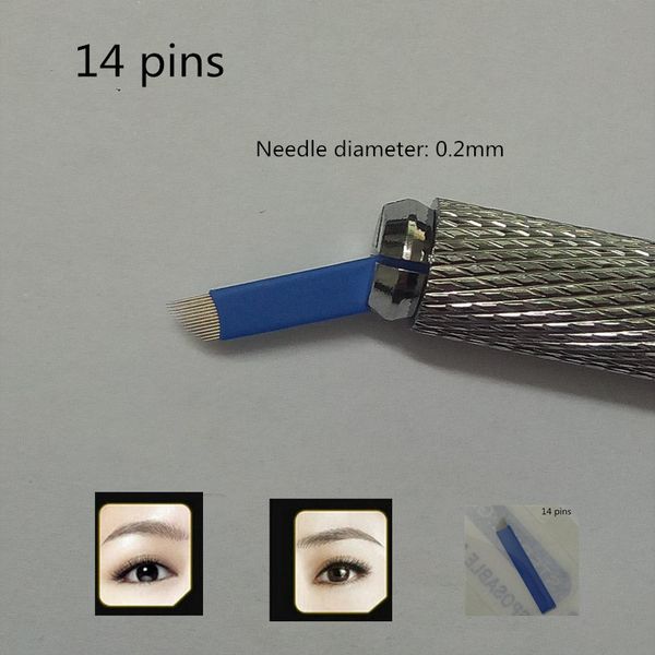 

50 pcs blue 14 - pin permanent makeup manual eyebrow tattoo bevel blades 14 needles