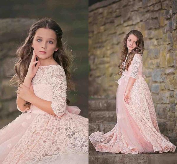 

2017 new cute bateau princess pink lace flower girls' dresses half sleeves tulle girls pageant gowns kids formal wedding dresses, White;blue