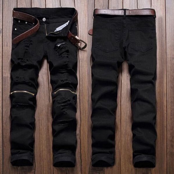 

wholesale-men stylish ripped jeans zipper hollow out biker classic skinny slim straight denim trousers, Blue