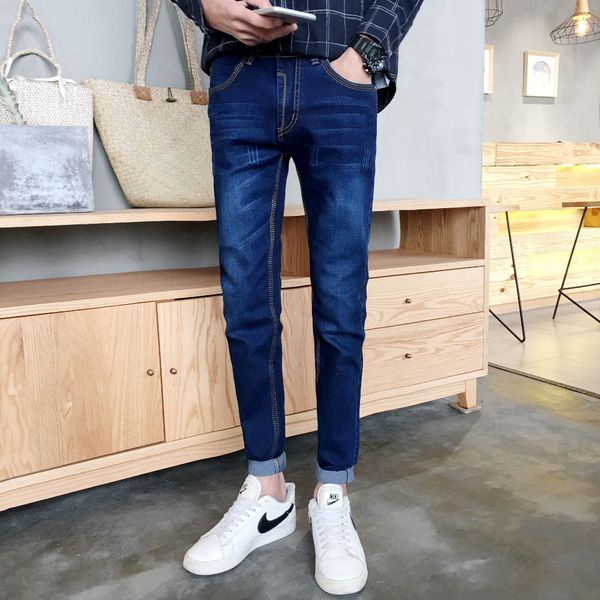 

wholesale- fashion small feet mens jeans brand luxury classic blue skinny jeans men solid casual mens jeans slim straight 4 season #mo2020