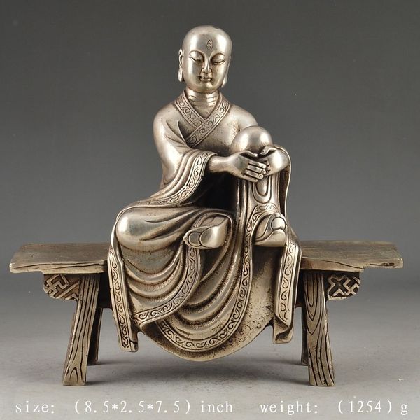 Chinês prata bronze Velho Handwork Hammered Vivid Monk Estátua Decor Collectible