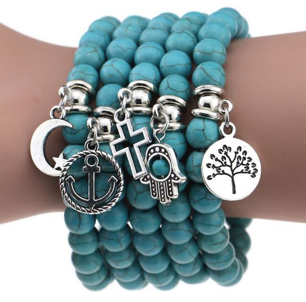 

12pcs turquoise beads bracelets tree love moon star cross palm charm bracelets for man women jewelry accessories, Golden;silver